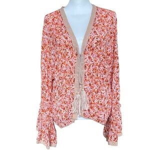 Nalini Cardigan Top Women’s One Size Orange Boho Tassels Tie Front Bell Sleeves